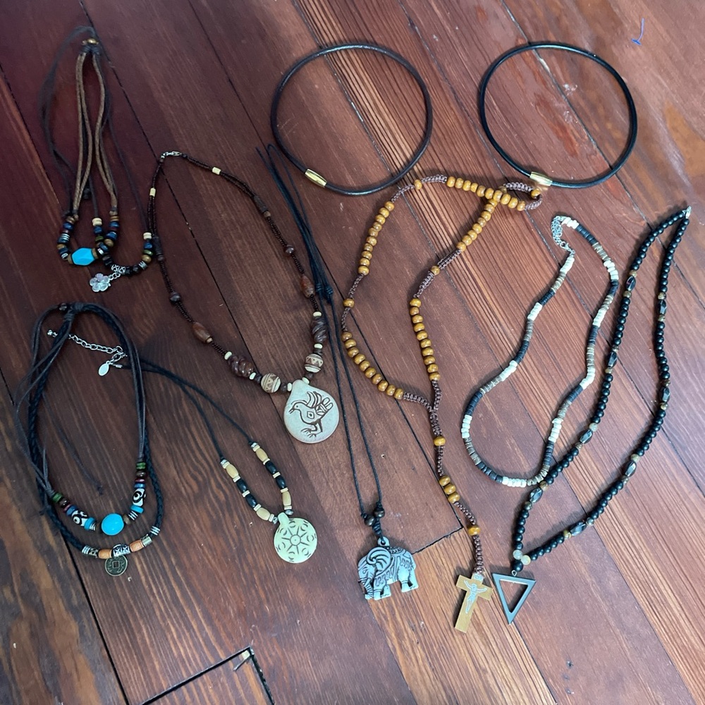Wooden Leather Boho Hippie Necklace Bead Bundle